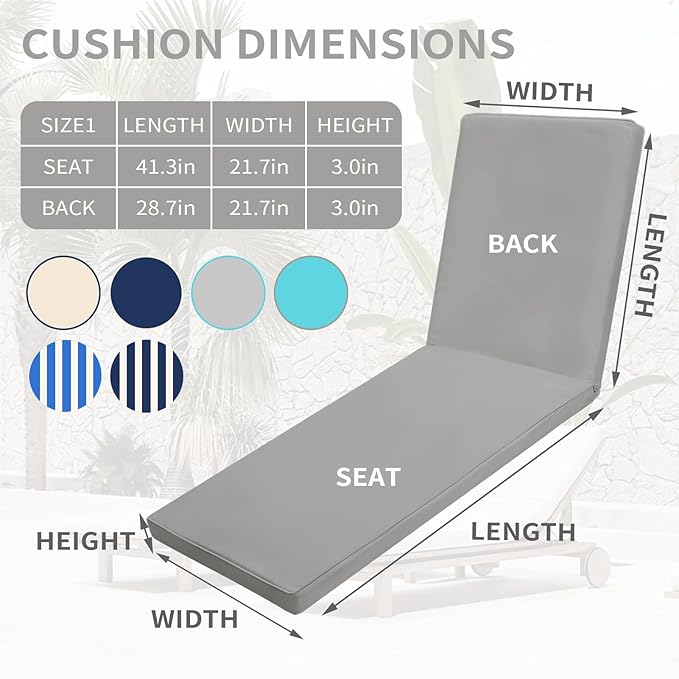 Outdoor Chaise Lounge Cushions for Patio, Waterproof Replacement Seat Cushions