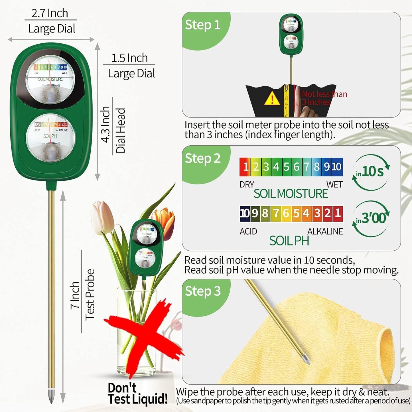Aenncci Soil Test Kit, 2-in-1 Soil Moisture Meter, Soil pH Tester, Large Dual Dial Soil Meter for Plants, Garden Soil, Lawn, Farm, Outdoor & Indoor Use-Green