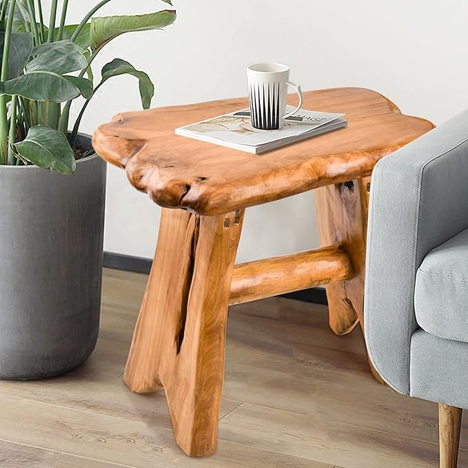 Wood Step Stool, Unique Design Live Edge Wood Stool, Freeform Natural Plant
