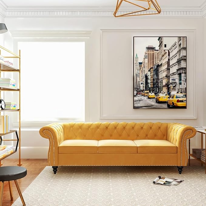 Mid-Century 3 Seater Sofa, Velvet Couch