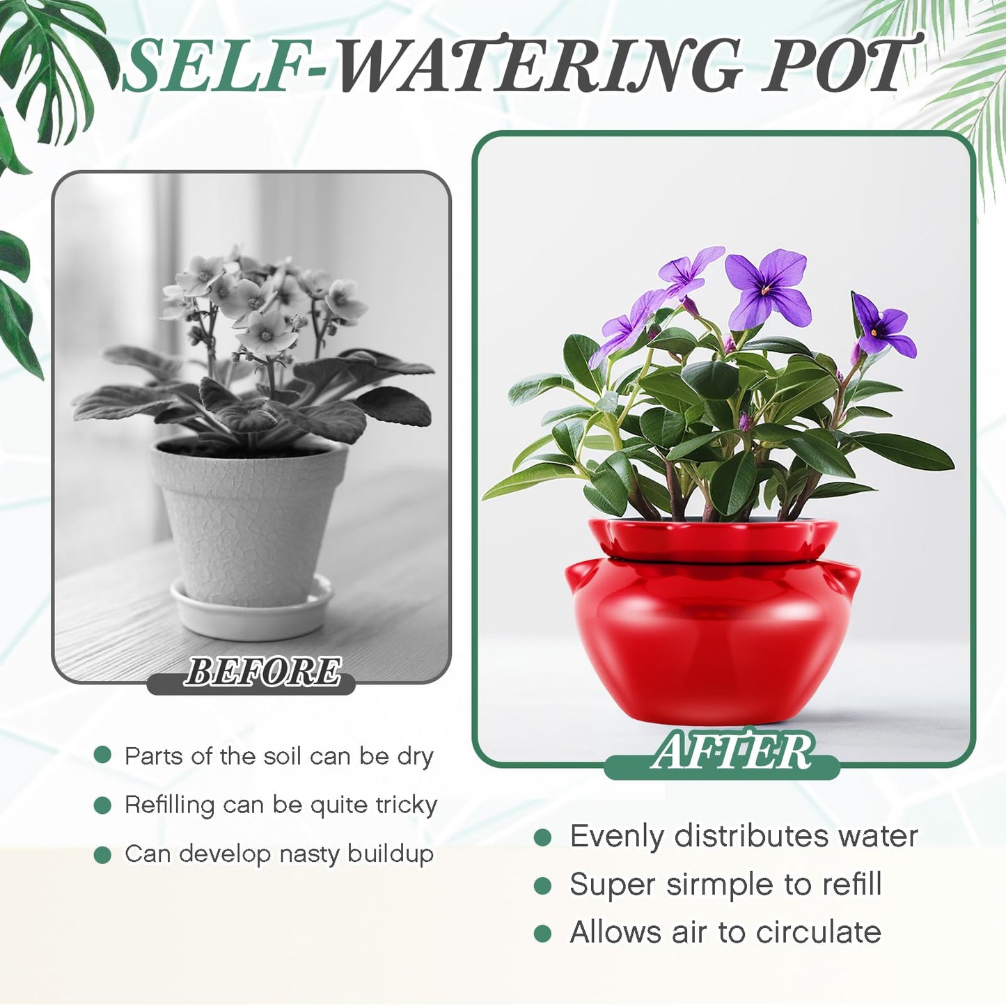 Sunnychicc 6.3 Inch African Violet Pots, Red Self Watering Pot for Indoor Plants, Ceramic Easy Plant Self Watering Pot for Thriving Plant Flower Maintenance