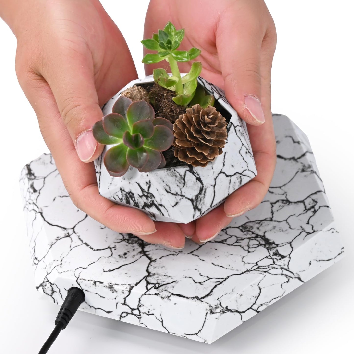 Leekimid Levitating Plant Pot, Magnetic Levitation Flower Pot Suspension Floating Plant Succulents, Air Bonsai Potted Plant for Home Decoration, Living Room, Office, Desk (Marble)