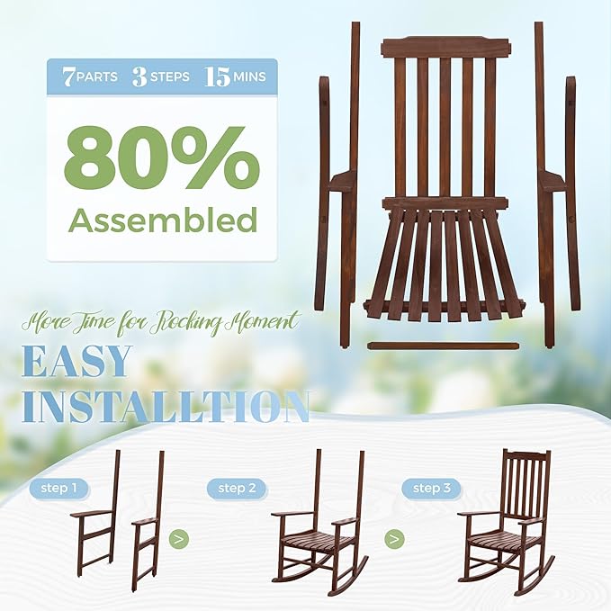Flamaker Acacia Wood Patio Rocking Chair Set of 2, High Back and Widen Armrest