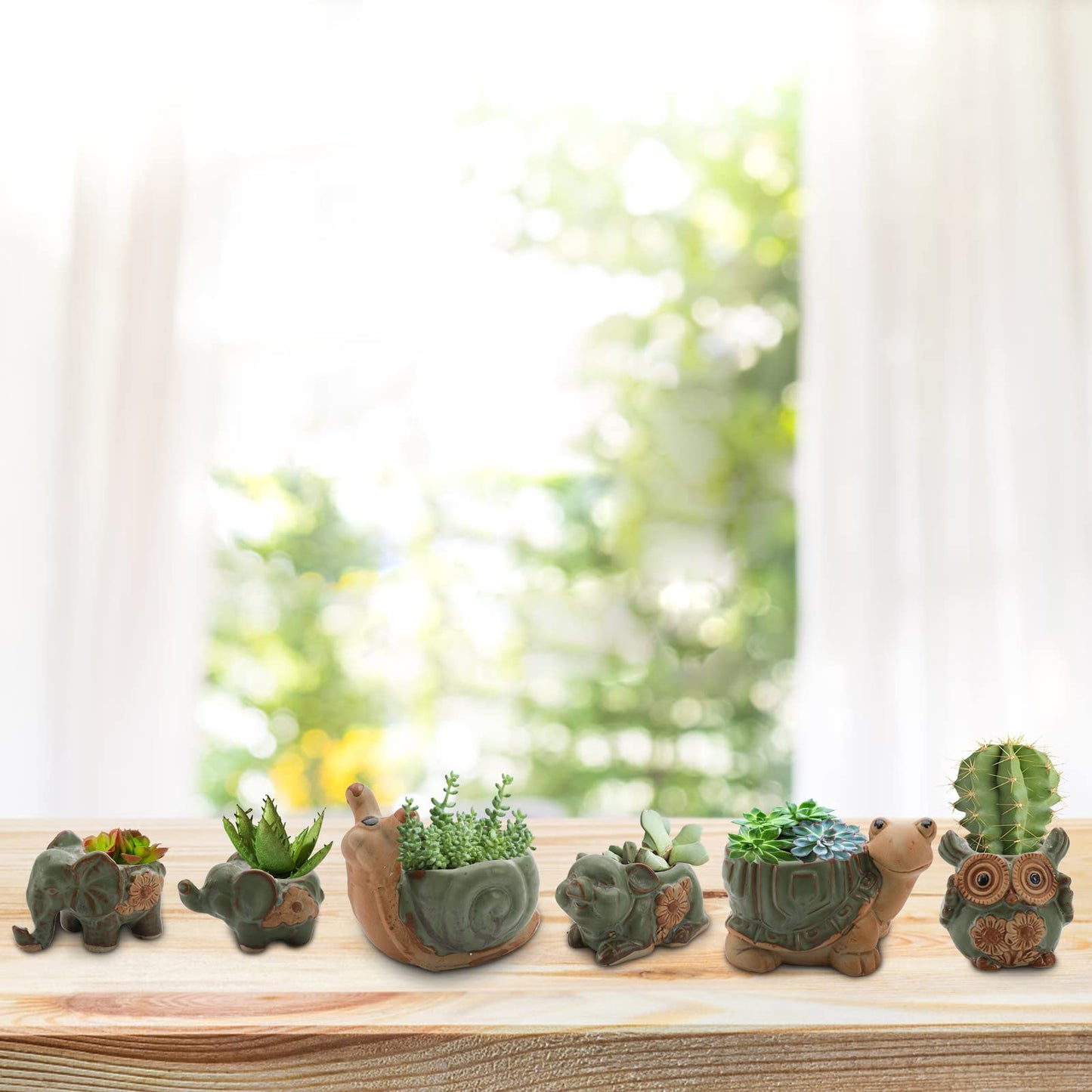 Okllen 6 Pack Mini Animal Ceramic Succulent Planter Set, Cute Elephant, Turtle, Owl, Snail, Succulent Pots with Drainage Hole, Ideal for Bonsai, Indoor, Outdoor