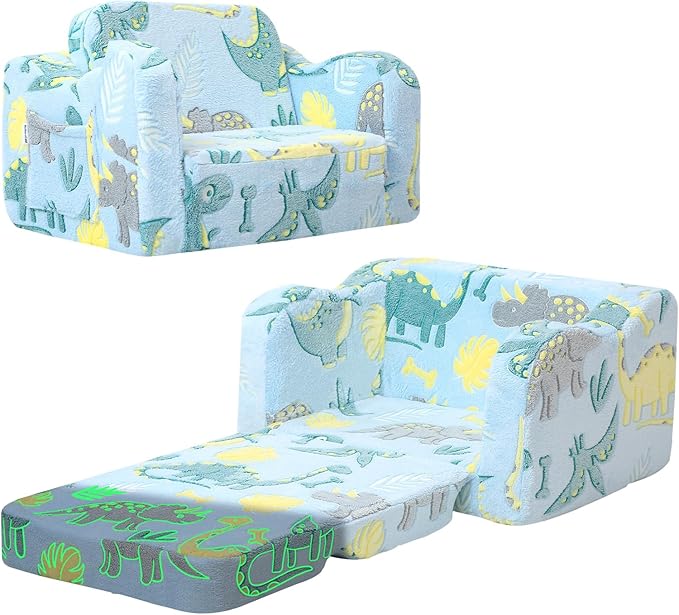 MeMoreCool Glowing Dinosaur Kids Chair, 2-in-1 Convertible Kids Couch Fold Out