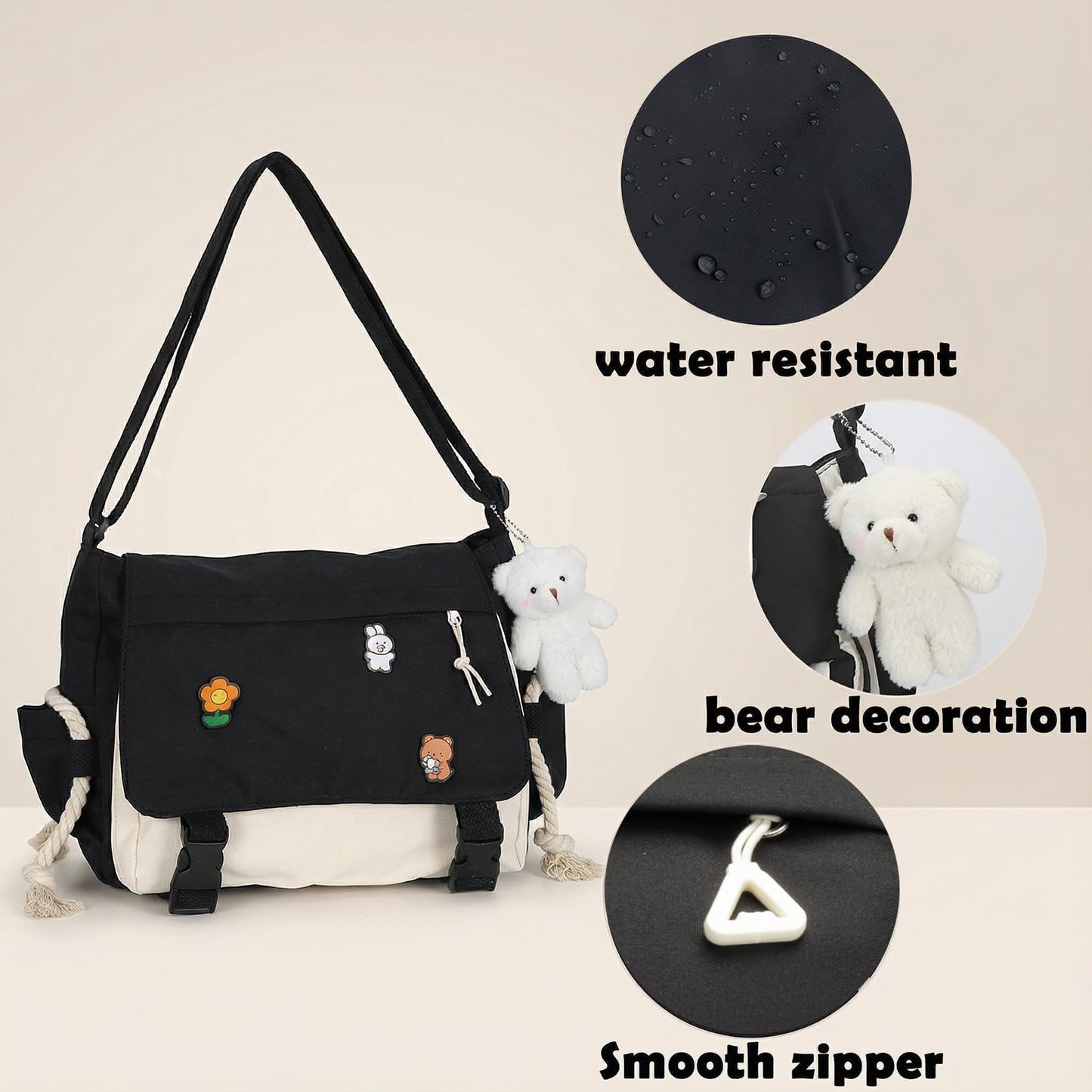 PRLINJSK Cute Messenger Bag for Teen Girls Women, Kawaii Crossbody Shoulder Purse with Pins and Stuffed Pendant Gift