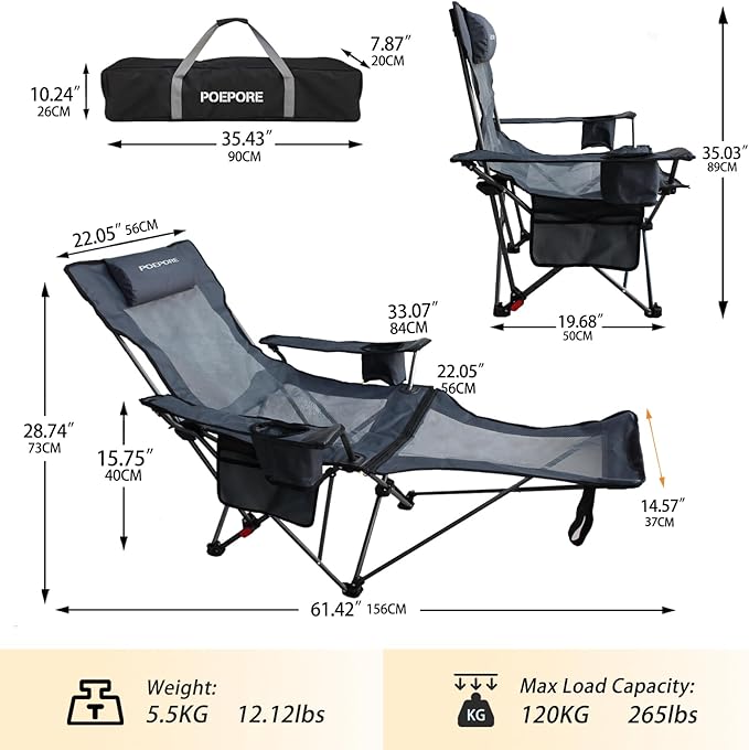 Reclining Camping Chair with Removable Footrest Lounge Chair with Headrest