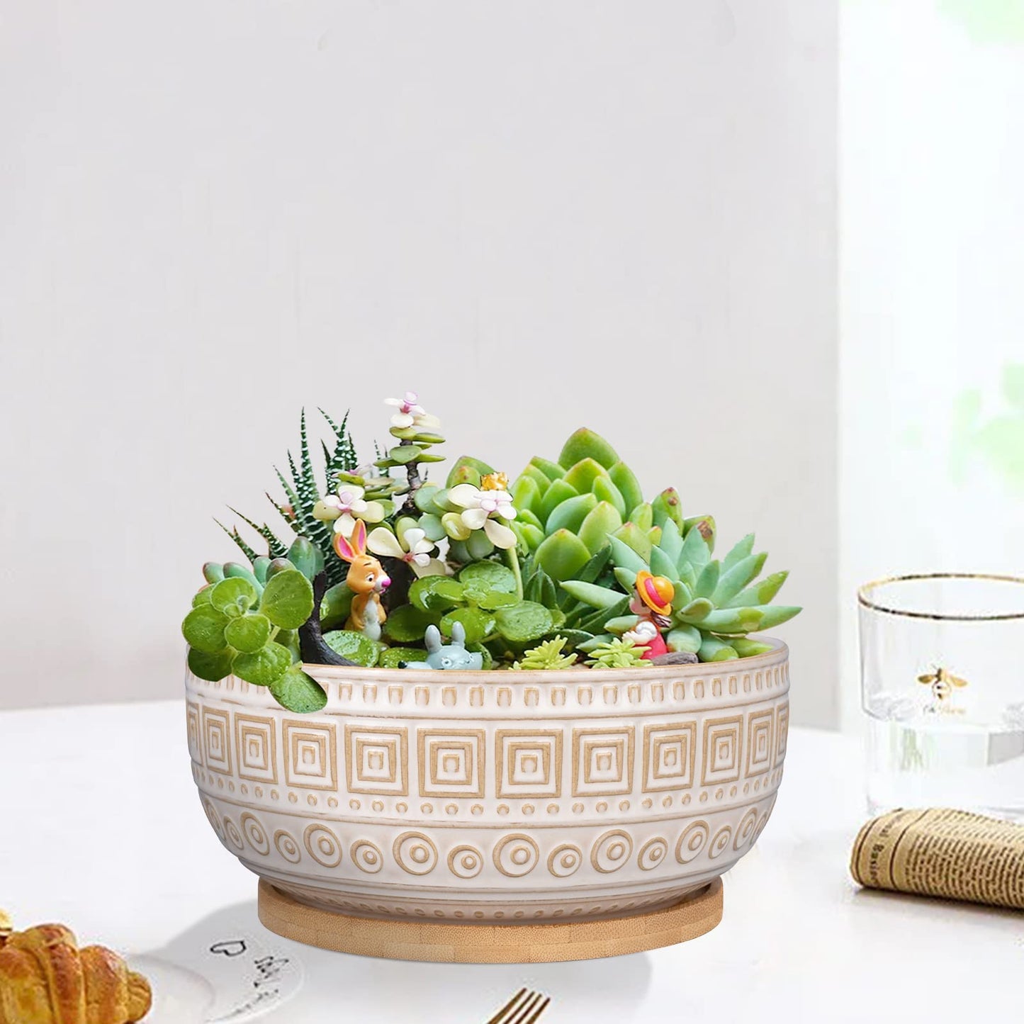 G EPGardening 8 Inch Ceramic Succulent Planter Pots Round Shallow Bonsai Planter Pot for Indoor Plants with Drainage and Plant Saucer
