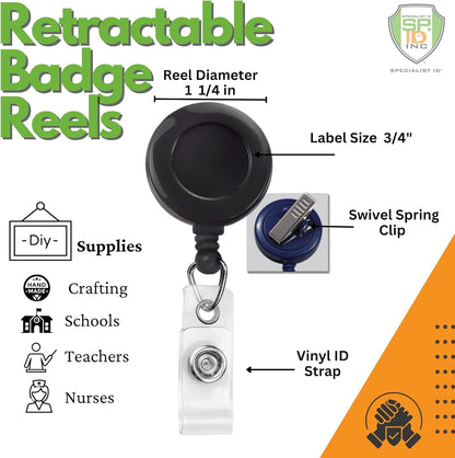 Bulk 100 Pack - Bulk Premium Black Retractable Name Badge Reels with Alligator Swivel Clip & Vinyl Card Holder Strap by Specialist ID