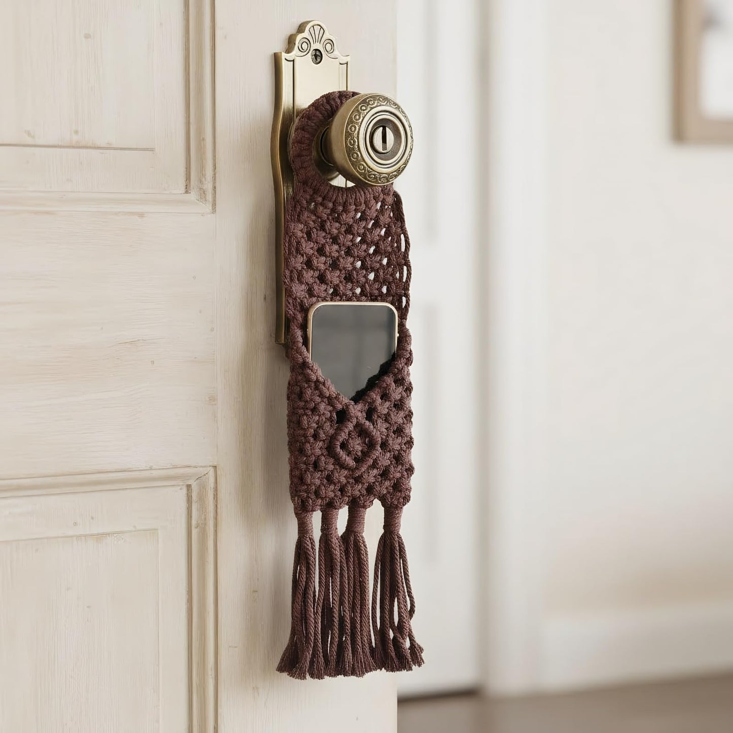 Macravine 2-Pack Boho Phone Hanger on wall, Macrame Remote Control Hanging, Chic Home Decoration Crochet Hanging Organizer, Boho Key Holder 18"X3.5"(Brown+Beige)