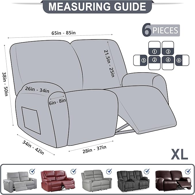 ANARACHON Leather Look Loveseat Recliner Cover, 6-Pieces Stretch Dual Recliner