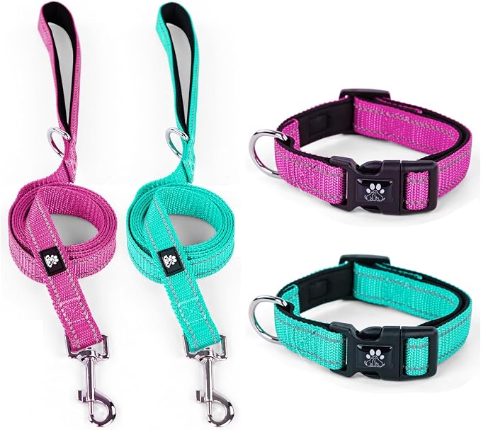 IVY&LANE 2 Pack Reflective Dog Collars and Leashs Set,Adjustable Neoprene Padded Dog Collar for Puppy, Breathable Nylon Pet Collar for Small Medium Large Dogs(Large,Fuchsia+Teal)