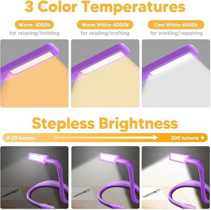 Voilet Neck Light with Storage Case, 10-80Hrs Eye-friendly Book Reading Light, Knitting Crochet Sewing Craft Light Rechargeable Adjustable, Christmas Birthday Gifts for Book Lovers Knitters Crafters