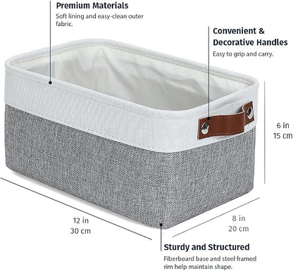 OrganiHaus 12x8in Canvas Storage Baskets 3 Pack | SMALL Fabric Bins for Shelves | Pantry & Bathroom Organizer | Gray/Off-White