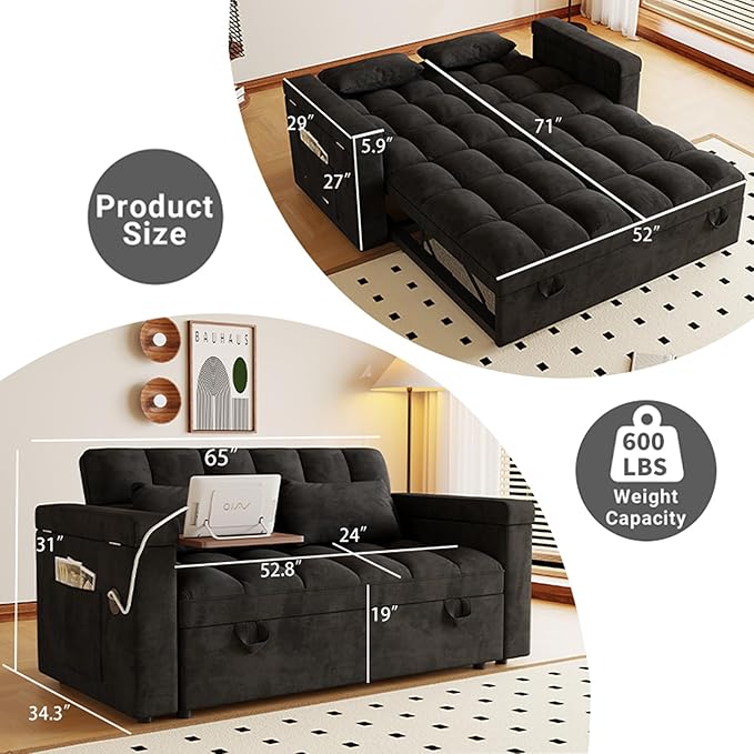 3 in 1 Convertible Sleeper Sofa, 65in Sleeper Couch