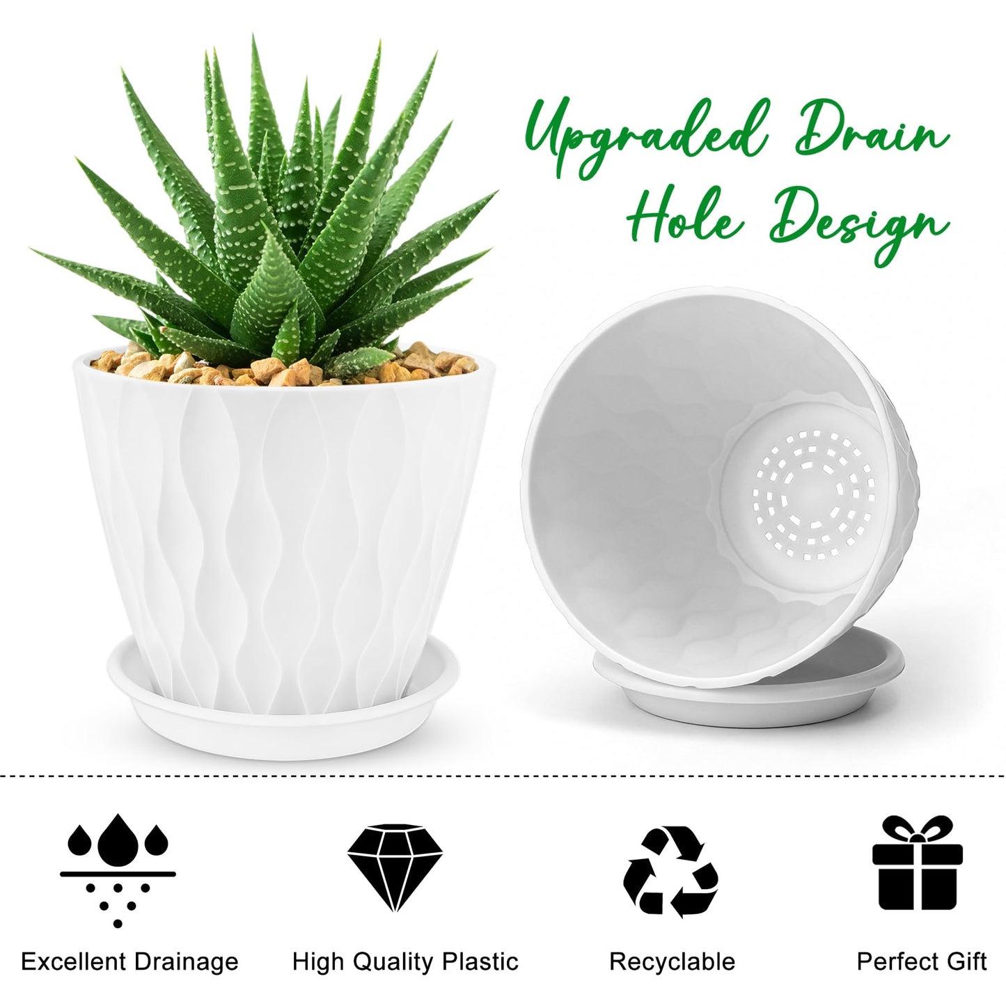 YNNICO 6 inch Plant Pots, 6 Pack Flower Pots Outdoor Indoor, Planters with Drainage Hole and Tray Saucer-White