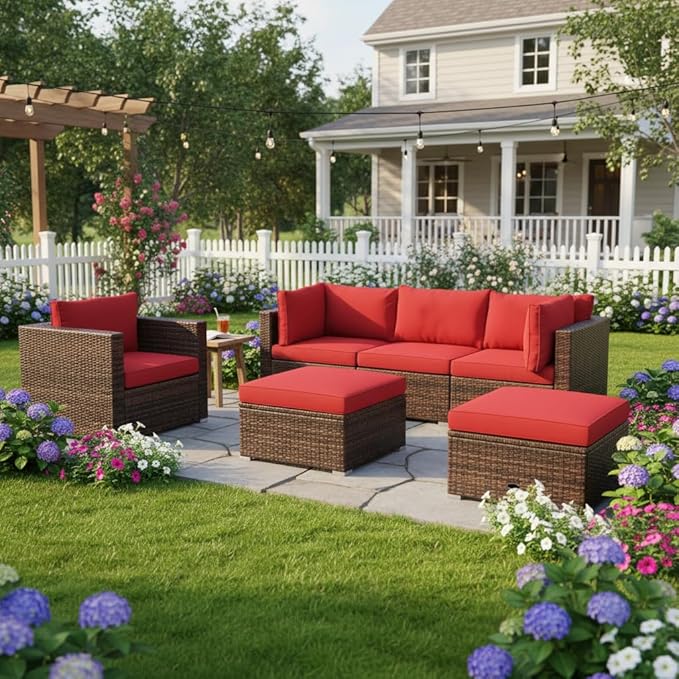Tangkula 6 Pieces Wicker Patio Furniture Set, PE Rattan Outdoor Sectional