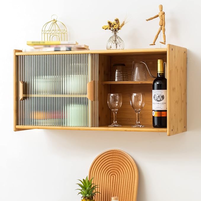 HollyHOME Small Bamboo Wall Mounted Kitchen Pantry Sideboard