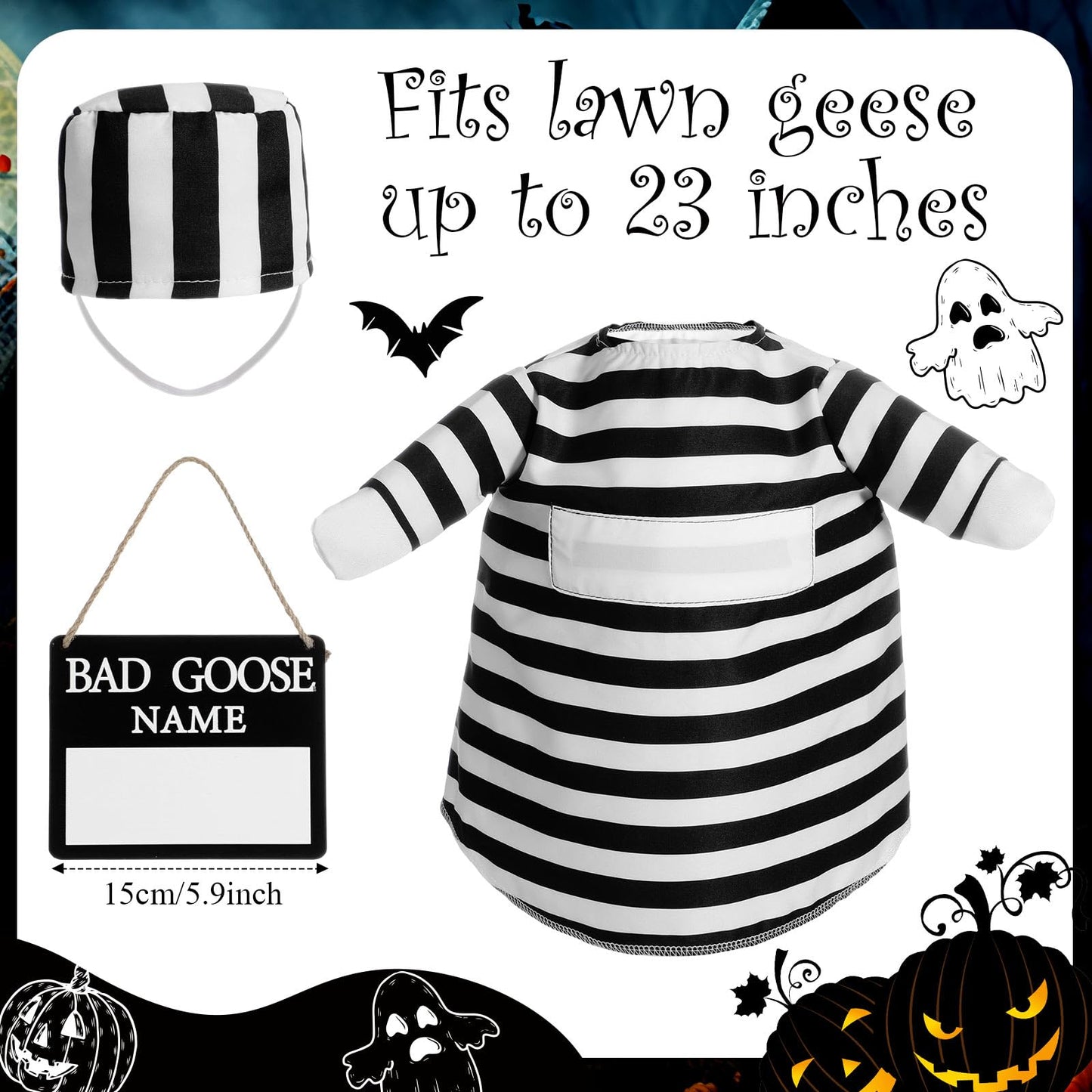 Shyyween Halloween Prisoner Porch Goose Outfit Plastic Lawn Porch Goose Statue Prisoner Clothes with Bad Name Wooden Sign for Outdoor Patio Yard Art Decoration Cosplay