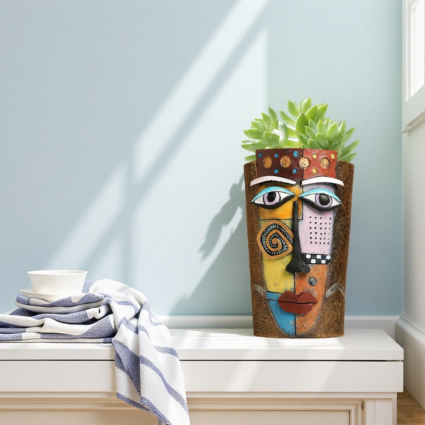 Yhupl Picasso Abstract Face Flower Pot,Plant Pot with Facial Expressions,Handmade Resin Plant Pot with Drainage Holes,for Indoor and Outdoor Botanical Home décor (Brown Large)