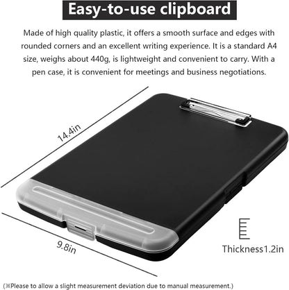 Clipboard with Storage,A4 Binder Clipboards with Pen Holder,Heavy Duty Plastic Storage Clipboard with Low Profile Clip,Nursing Clipboards Folder Side-Opening,Smooth Writing Clip Board for Office-Black