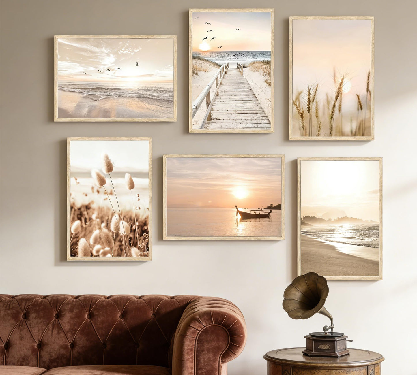 Beach Wall Art Boho Coastal Wall Decor, Neutral Beige Ocean Beach Pictures Wall Art, Set of 6 Minimalist Nature Grass Prints for Bedroom Bathroom Living Room, Unframed Canvas Posters 12x16in