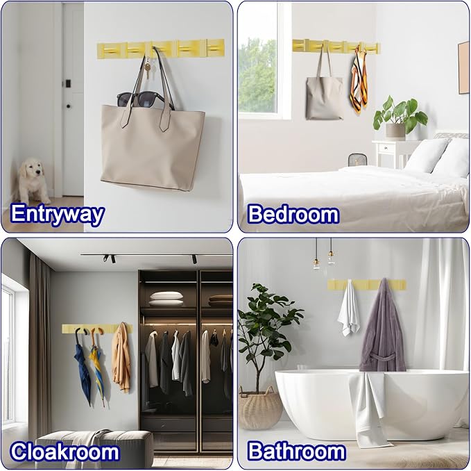 Bntuk Coat Rack Wall Mount - 5 Hat and Coat Hooks, Heavy Duty Towel Racks for Bathroom Entryway, Wall Hooks for Hanging Robes Bags, Hat Rack Key Hanger Organizer (Gold)
