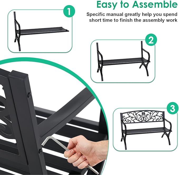 FDW Outdoor 50 Inches Garden Bench, Slatted Seat Armrests Floral Design Backres