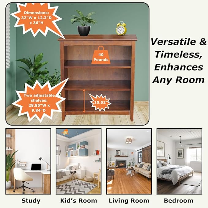 Solid Wood Bookcase 36" High, Adjustable Shelves, Kitchen/Dining Furniture