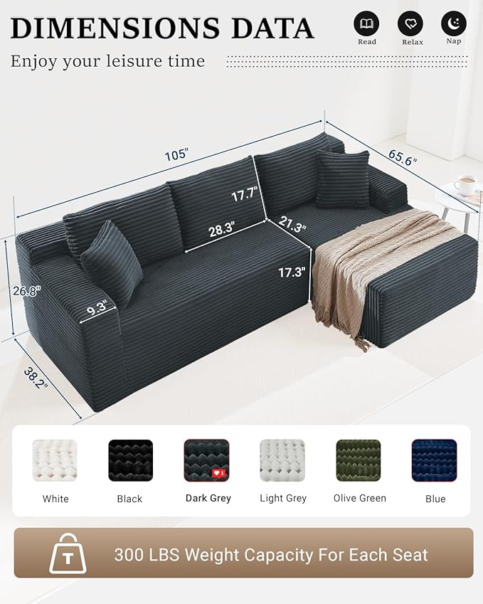 105 Inch Cloud Sectional Couch, Modern Modular Sectional Sofa