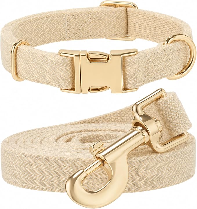 Herringbone Tweed Dog Collar and Leash Set for Medium Dogs,Light Beige | Snag-free, no-rub design. Soft breathable cotton, gentle on fur. Adjustable durable matching combo for walks & outdoors.
