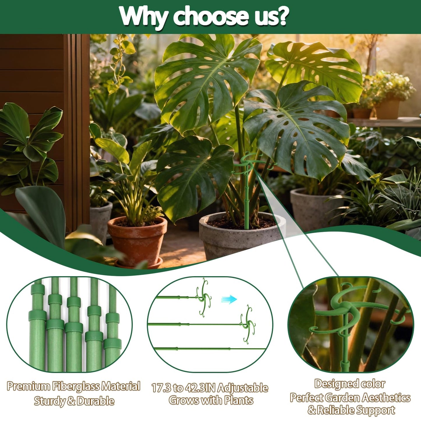 Telescoping Plant Support Stakes,5Pack 17.3 to 42.3IN Adjustable Monstera Plant Support,Garden Stakes with Clips,Sturdy Plant Sticks for Indoor Outdoor Plants, Orchid, Tomato, Vine,Monstera