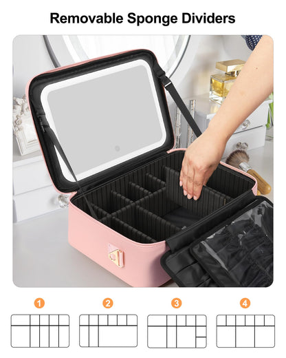Relavel Travel Makeup Bag With LED Mirror, Cosmetic Train Case with Light up Mirror, Portable Makeup Artist Organizer Bag with Adjustable Dividers, Makeup Brush Holder Storage, Black