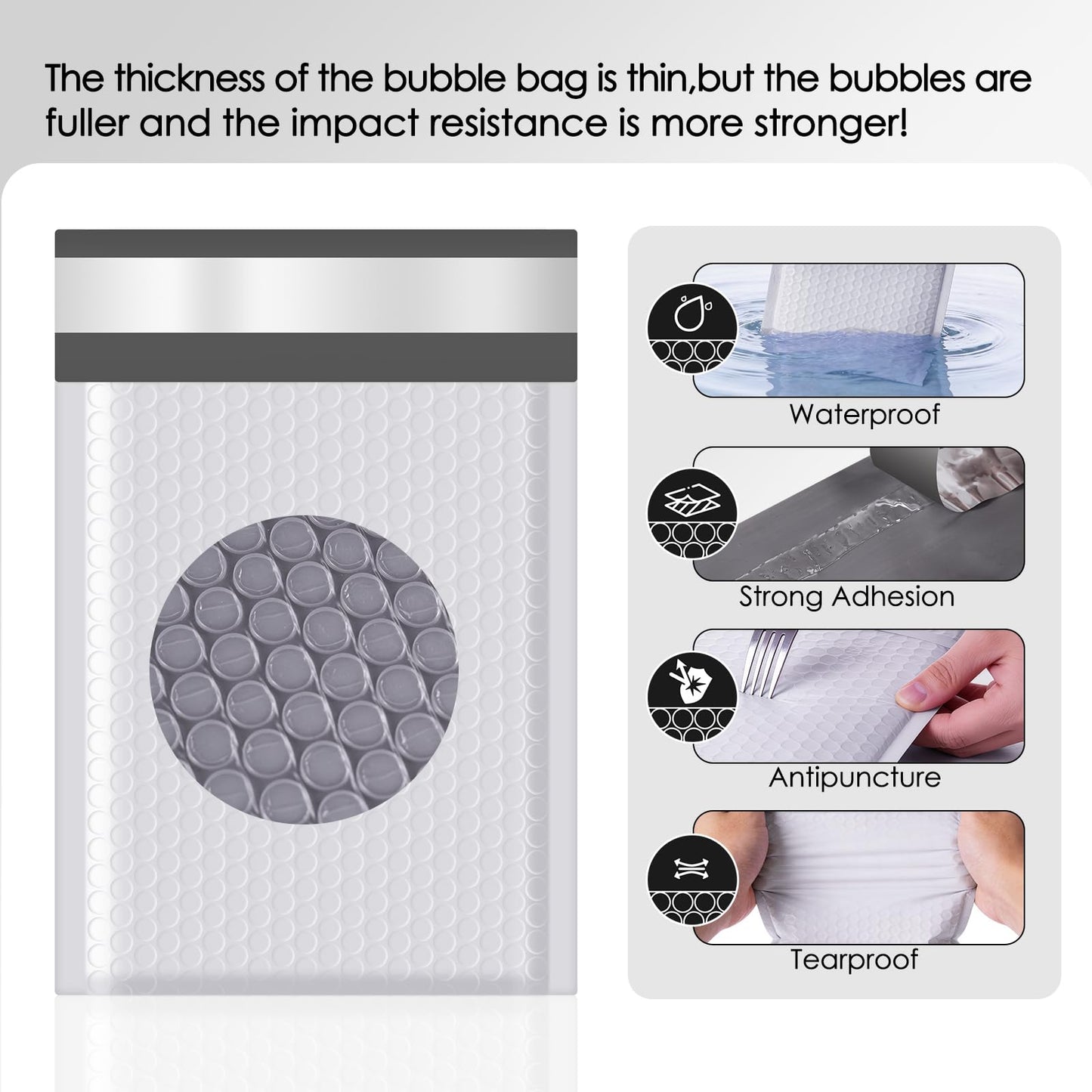 packbabol Bubble Mailers 4x8" 50 Pack Grey and White Padded Envelopes Mailers Waterproof Usable Size 4x7 Self-Seal Padded Mailing Envelopes Bubble Opaque Padded Mailer for Small Businesses，#000