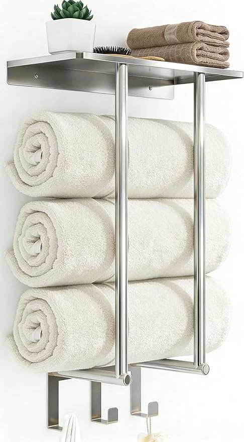 Towel Racks for Bathroom Wall Mounted, Bethom Towel Rack with Shelf and 3 Hooks, Brushed Nickel Towel Storage Holder Wall for Large Rolled Towels