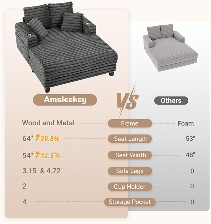 Amsleekey 64" Chaise Lounge Chair Indoor, Oversized Sleeper Chair