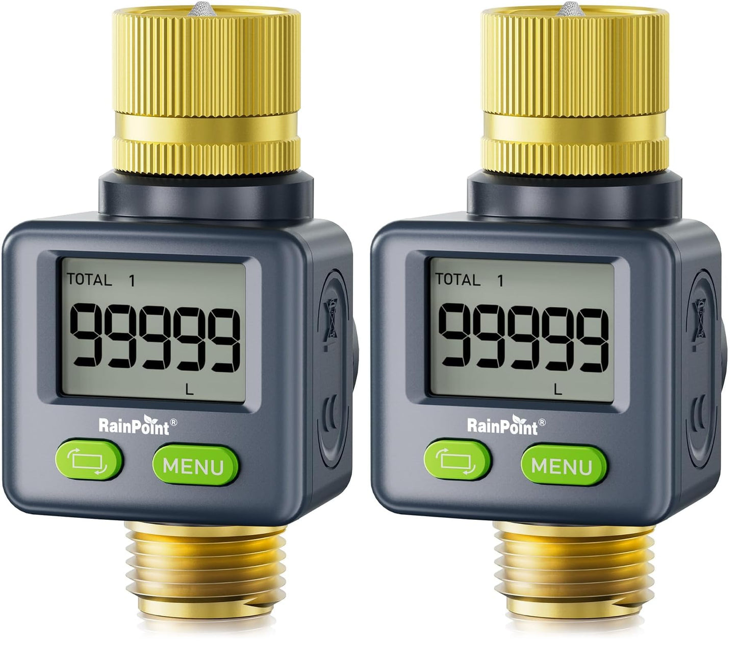 RAINPOINT Water Flow Meter with Brass Inlet & Outlet, 180° Screen-Flip Water Meter, Measure Gallon/Liter Consumption for RV Filling, Garden Watering, Sprinkler and Hoze Nozzle (Pack of 2)