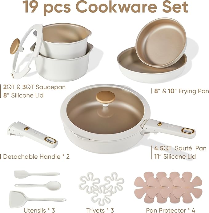 CAROTE 19 Pcs Pots and Pans Set, Nonstick Cookware Sets with Detachable Handle, Oven Safe, Cookware Non Stick Cooking Set w/Frying Pans & Saucepans White(PFOS, PFOA Free)