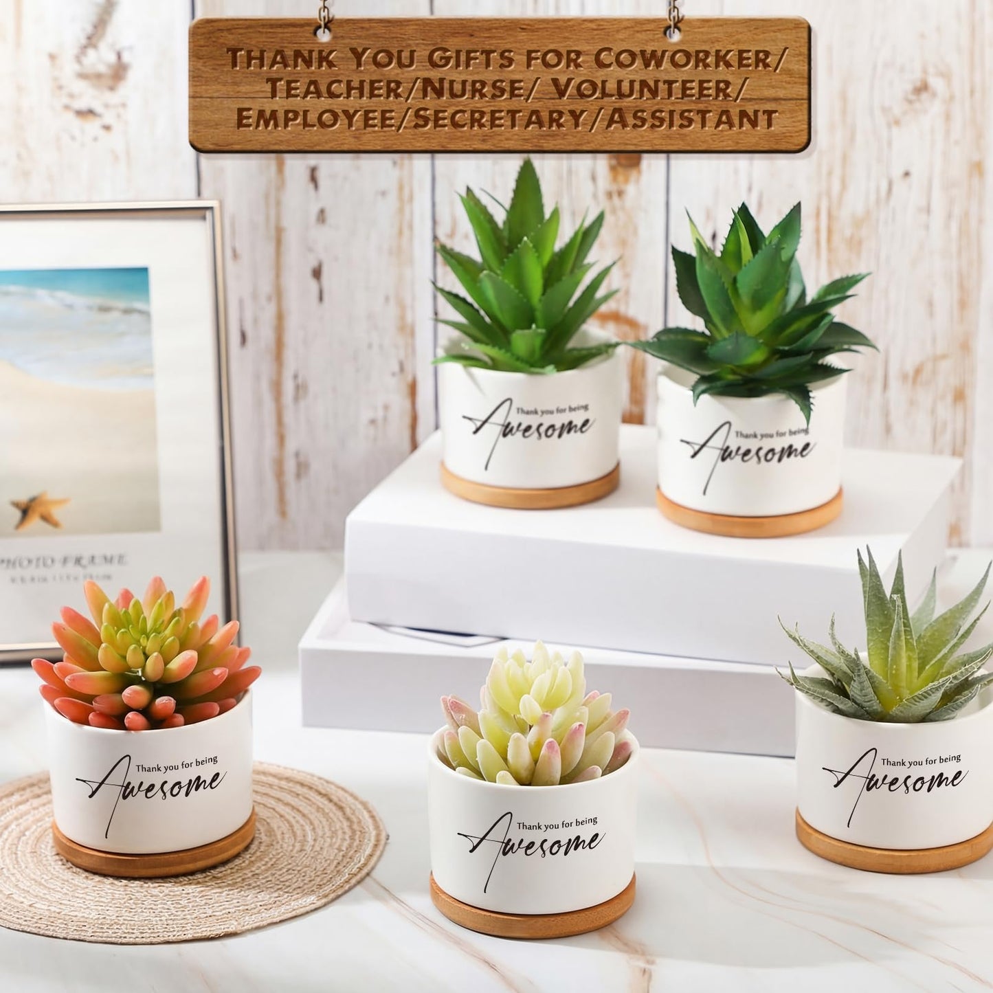 12 Pack Teacher Appreciation Gift Thank You Succulent Ceramic Mini Pots Nurse Week Gift with Bamboo Tray Succulent Planter for Employee Memorial Day Office Team Volunteer Desk Decor, Plants Excluded