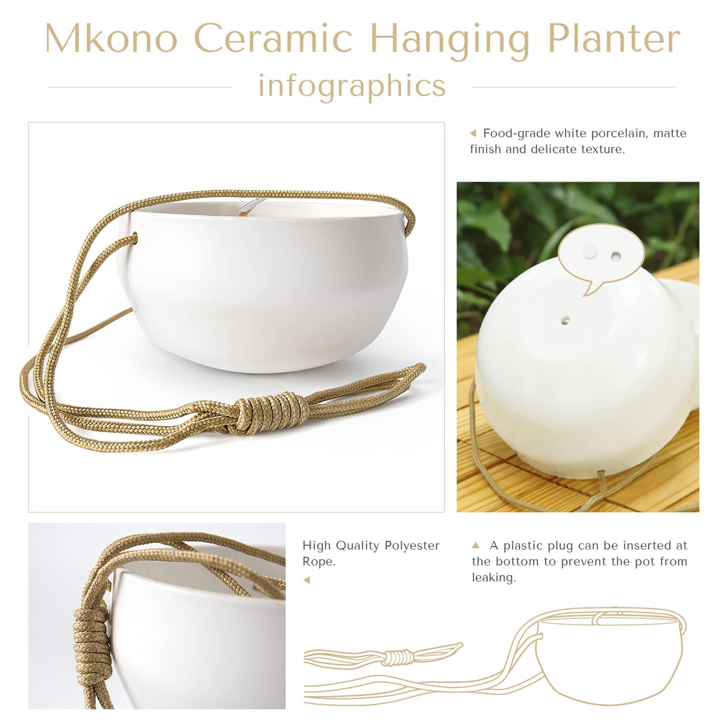 Mkono Ceramic Hanging Planter and Ceiling Hooks, Shallow 8 Inch and Deep 6 Inch for Indoor Outdoor Plants, Set of 2 Modern Plant Pot Geometric Porcelain Hanging Basket with Polyester Rope Hanger