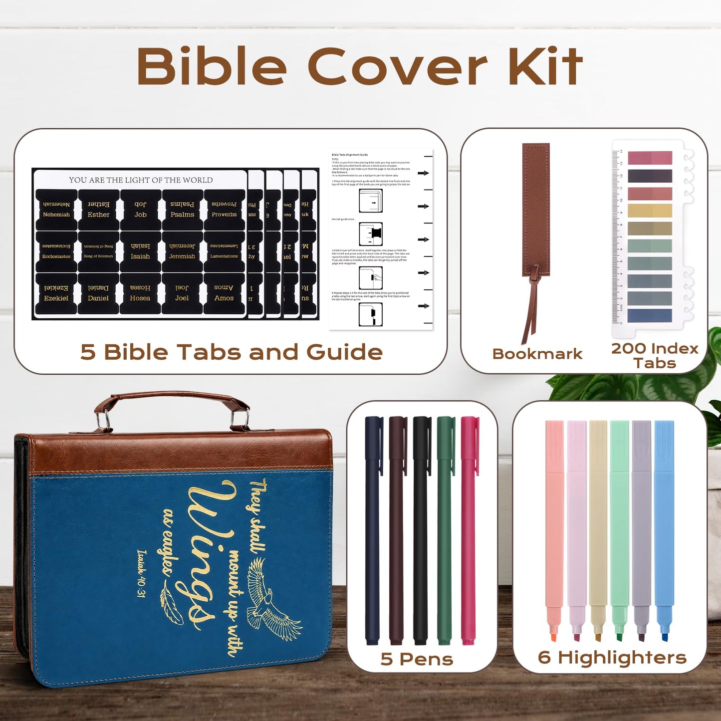 XKDOUS 20 Pcs Bible Cover Kit for Men Leather Book Carrying Case Church Bag Holder with Handle, Tabs, Pens, Study Supplies Christian Gift Father Day for Dad, Mom, Women, Friends