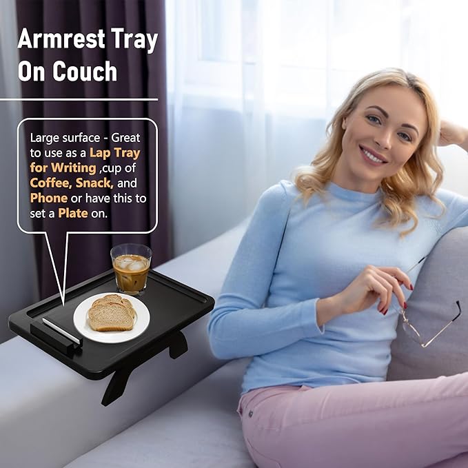 SINWANT Couch Armrest Table, Large Bamboo Couch Arm Table 360° Phone Holder