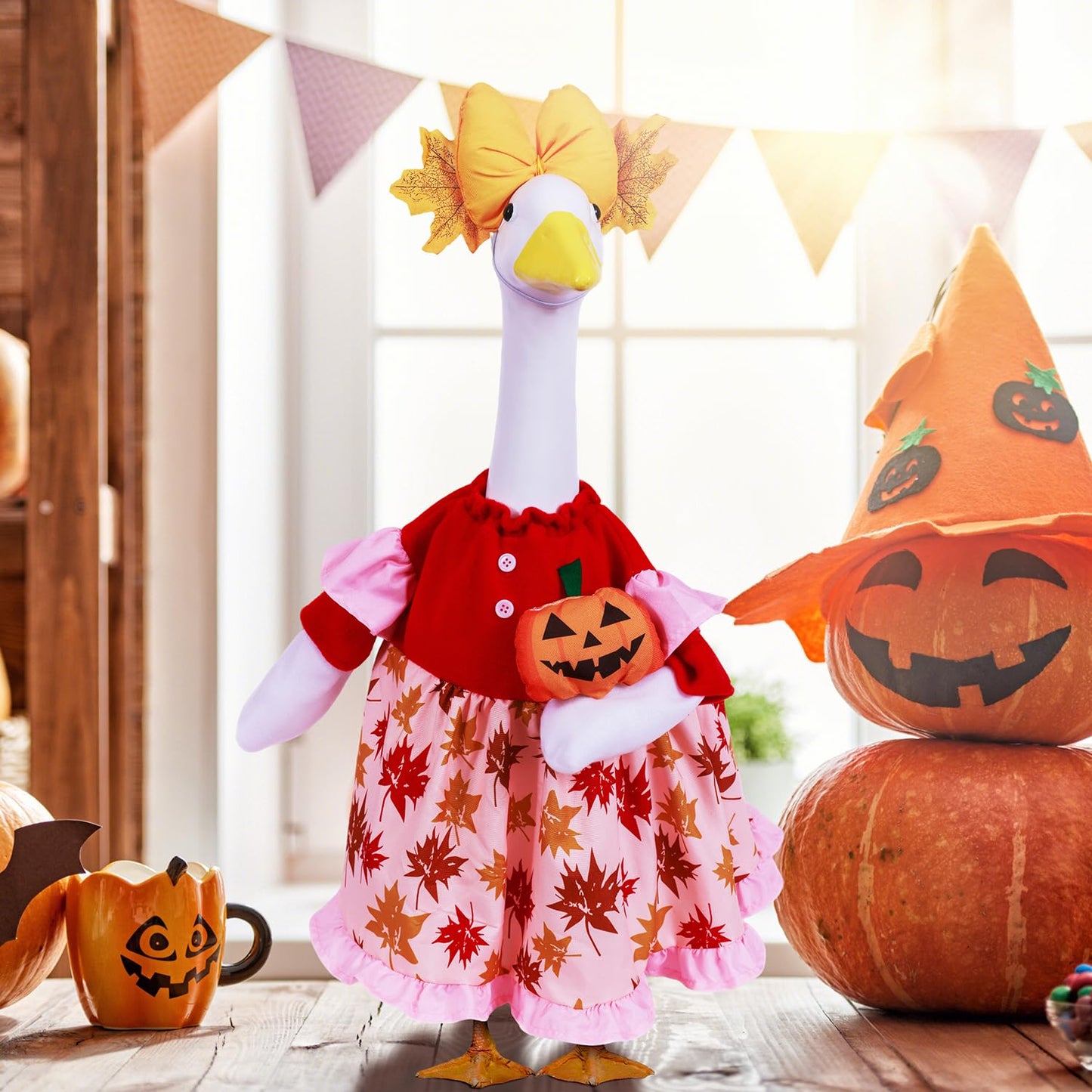 AZYM Fall Porch Goose Outfits,3 Pcs/Set Halloween Pumpkin Maple Leaf Yard Goose Statue Clothes for 23" Statue Patio Lawn Garden Thankgiving Day Decoration