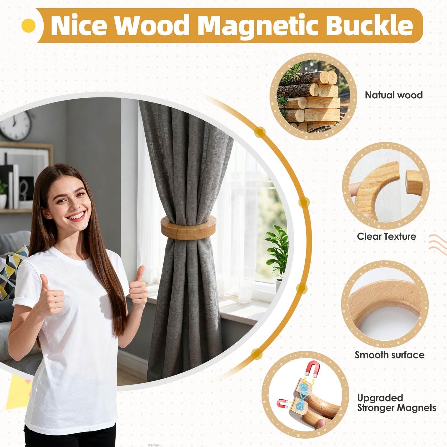 Magnetic Wood Curtain Holdbacks 1Pair – Strong Retro Tiebacks for Drapes, Window & Door, Use as Pants Hanger or Scarf Rack, European Style Organizer for Home, Nursery, Office (Wood)