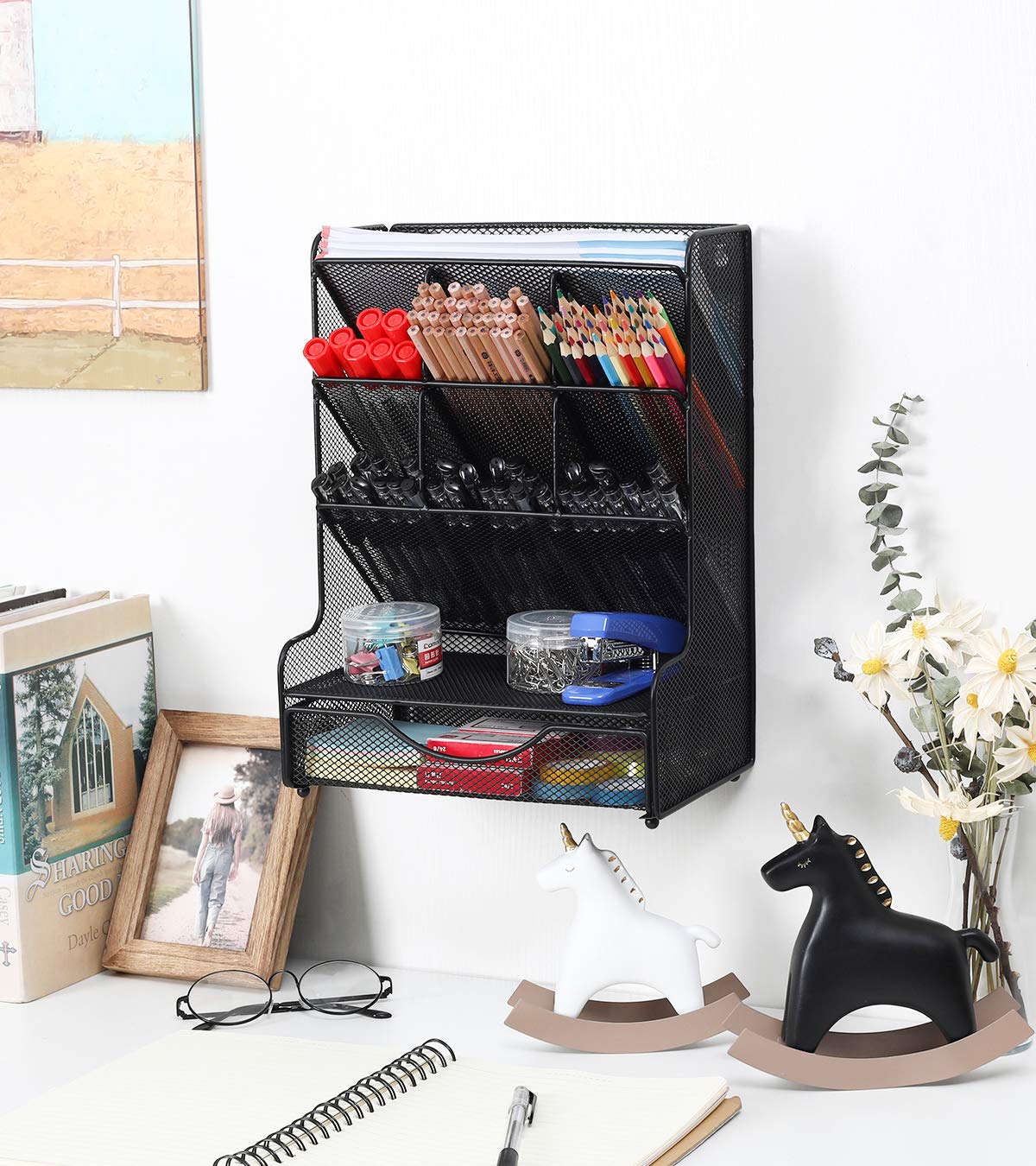 PAG Desk Organizer with Drawer Office Supplies and Accessories Storage Caddy Hanging Wall Shelf Metal Mesh Pencil Holder for Kids, 9 Compartments, Black