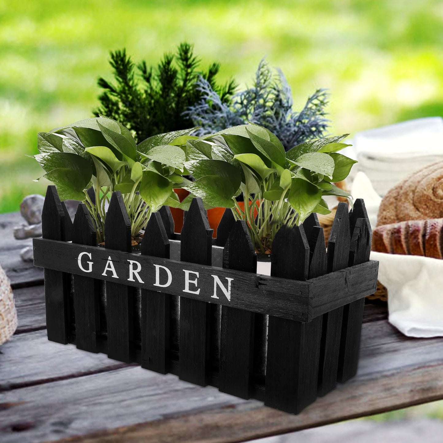 BESTonZON Wood Fence Flowerpot Planter with Fence Design, Rectangular Black Wood Plant Pot for Balcony and Outdoor Garden Decoration, Rustic Pastoral Style Flower Box