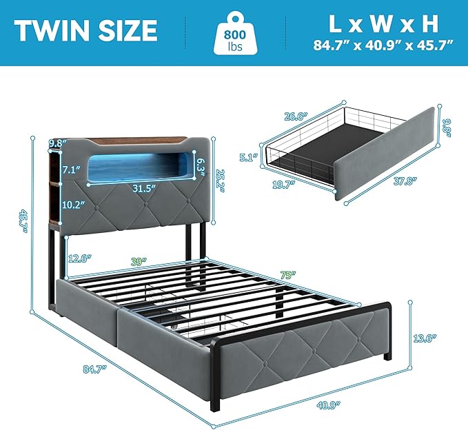 Jocoevol Twin Upholstered LED Bed Frame