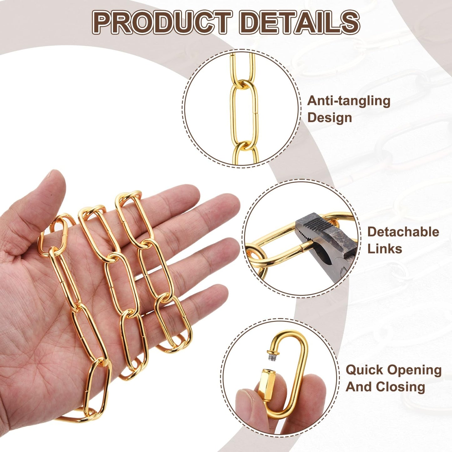 uxcell 6ft Lighting Hanging Chain, 3mm/0.12" Looping Metal Pendant Chandelier Chain Extension with 2 Quick Link Lock for Hanging Plant Pendant Chandelier Light Fixture, Gold Yellow