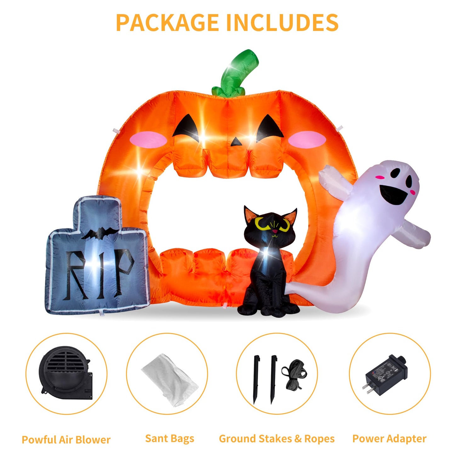 VENLOIS 7FT Halloween Inflatable Pumpkin Photo Frame with Tombstone Black Cat White Ghost,Built-in LEDs for Halloween Blow Up Indoor Decor, Cute Fun Holiday/Party/Yard/Garden Fantasy Party Display