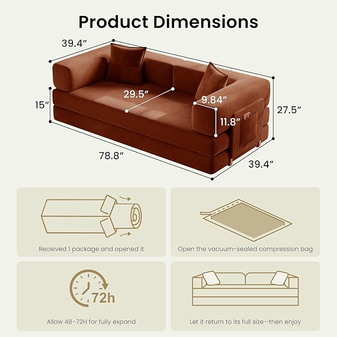 78.8" Convertible Futon Sofa Bed, Corduroy Futon Couch